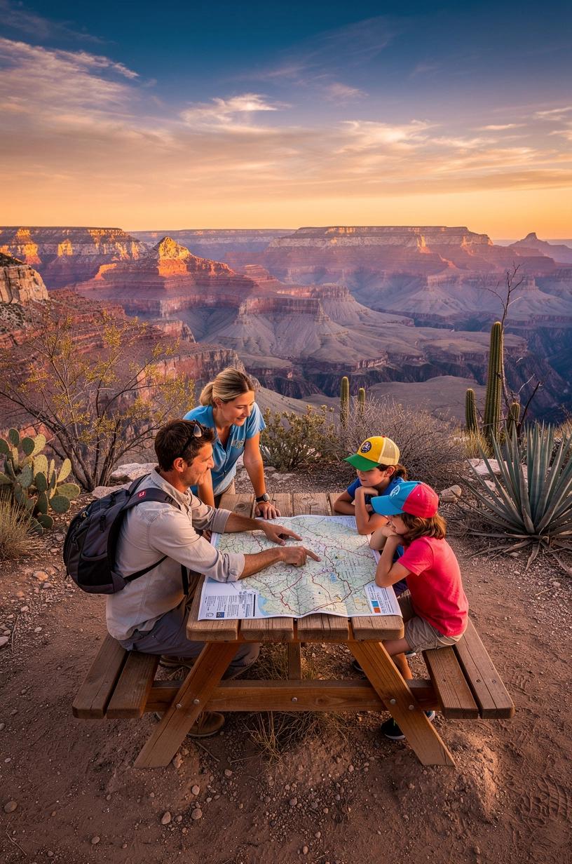 Scenic view of a winding road through a national park with informational icons showing route pairings, driving distances, and overnight stops for a USA road trip planner.
